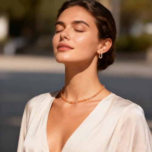 ZANNAH Gemstone Beaded Necklaces for Women - Boho Style Essential Necklace 15" + 3.14" Extender, Cute and Trendy Choker, Natural Stone Handmade Jewelry, Thoughtful Gifts for Women - color: Orange - Sunstone