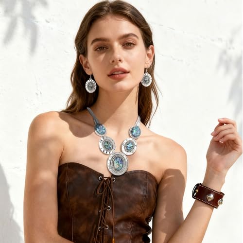 4 PCS Western Turquoise Jewelry for Women Boho Vintage Navajo Pearl Necklace Earring Bracelet Ring Set Country Cowgirl Accessories for Gift - color: Q-Blue（No Bracelet No Ring）