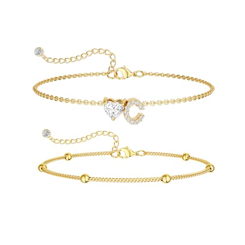 CAROVO Gold Ankle Bracelets for Women Waterproof 14K Real Gold Plated CZ Initial Anklet for Women Dainty Layered Letter A-Z Heart Ankle Bracelets Handmade Adjustable Anklet Summer Beach Jewelry - style: C