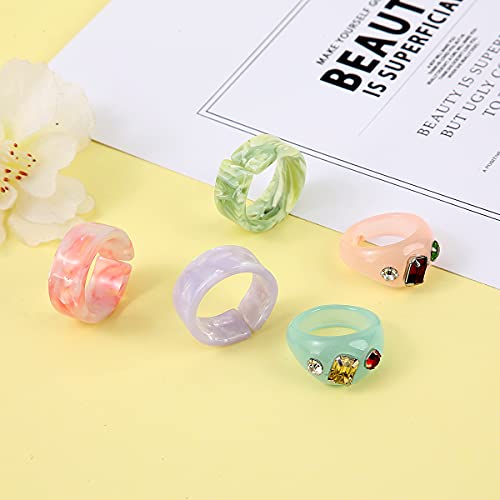 20 Pcs Acrylic Cute Trendy Colorful Rhinestone Stackable Chunky Rings for Women