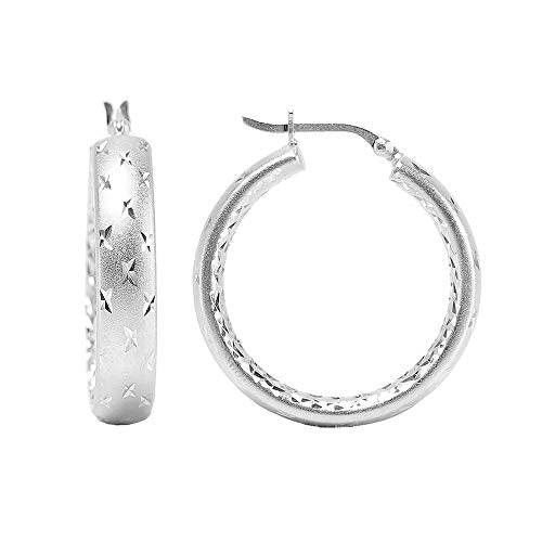 LeCalla 925 Sterling Silver Hoop Earrings for Women | 14K Gold-Plated & Rose Gold-Plated Diamond-Cut Hoop Earrings | Textured Click-Top Hoops Earring Jewelry - color: Silver Double DC-30MM