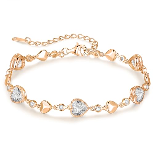 925 Sterling Silver Birthstone Heart Bracelet Jewelry Gift for Women | Rose Gold Plated Bracelets,Hypoallergenic,Adjustable Chain Personalized Anniversary Christmas Jewelry Gift for Mom Wife - color: Rose Gold-04-Apr