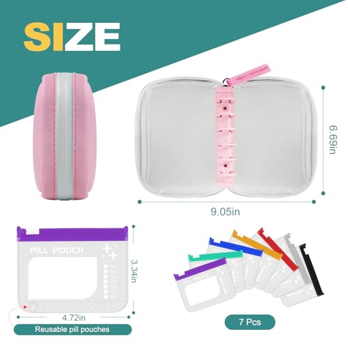 Timueetech A7 Waterproof Pill Organizer with 7 PCS L Size Zippered Pill Pouches for A7 Binder, Large BPA-Free Weekly Medicine Organizer, Color-Coded Reusable Travel Pill Storage System - color: Pink