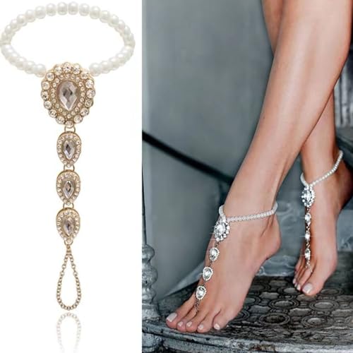 Kokoma Bohemian Pearl Barefoot Sandal Anklets for Women CZ Crystal Teardrop Ankle Bracelet Barefoot Foot Jewelry Anklets Summer Beach Foot Chain Jewelry