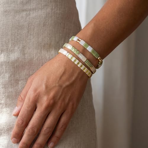 Tila Flat Square Stack Beaded Bracelets Set for Women Men, Boho 3Pcs Romantic Handmade Healing Gold Colorful Stretch Accessories Jewelry, Daily Vacation Party Holiday Friendship Gift - color: Mint Lemon White