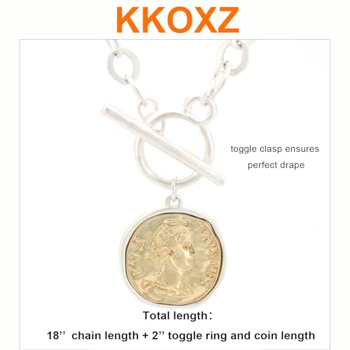 Chunky Gold Coin Pendant Necklace Trendy Layered Statement Chain for Women, Antique Toggle Design with Thick Link, Fashionable Necklaces for Women - color: Sliver/Worn Gold