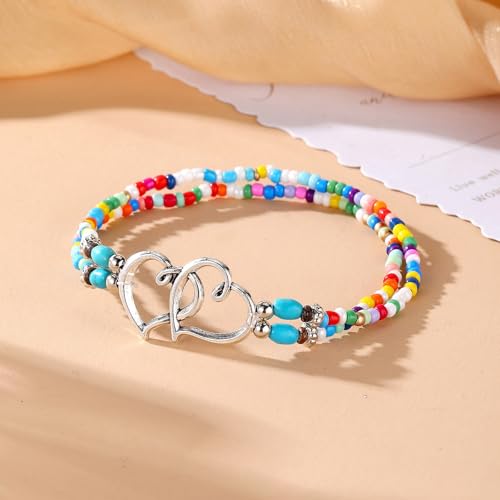 Qceasiy Shell Ankle Bracelet Set for Women, Gold Plated Boho Bead Adjustable Anklet, Hawaiian Beach Seashell Pearl Heart Starfish Conch Foot Jewelry Gifts - color: Double Heart(Colorful)