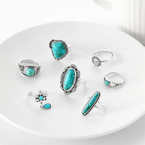 Bohemian Joint Knuckle Rings Set for Women,Vintage Boho Turquoise Stackable Rings Chunky Retro Turquoise Midi Finger Ring Statement Western Jewelry - style: Style E