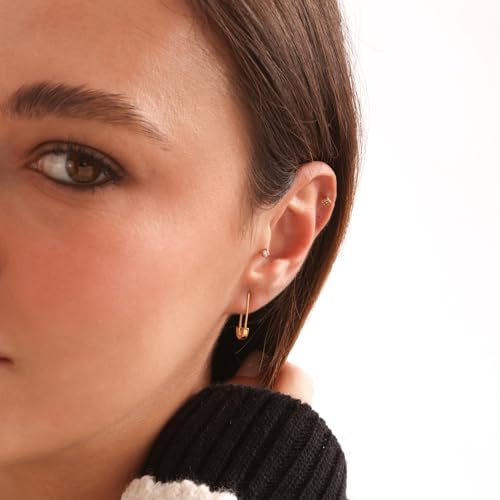 CHIC & ARTSY 925 Sterling Silver Safety Pin Earrings - Lightweight Comfortable Punk Paperclip Cartilage Hoop Earrings, Trendy Industrial Style Jewellery for Women and Men - color: Yellow-Small Heart