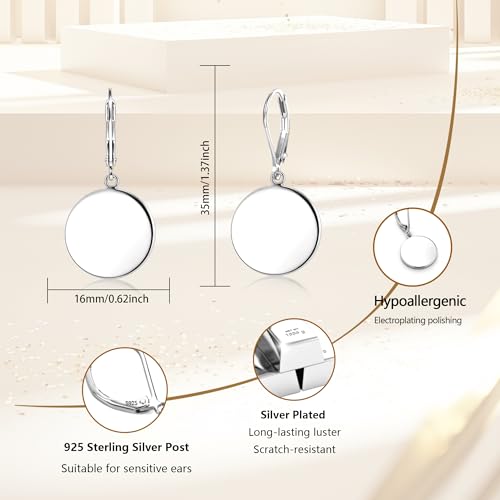 Disc Dangle Earrings for Women, 14K Gold Plated Flat Hypoallergenic Drop Earrings, Silver Classic Coin Leverback Earrings for Women Jewelry Gifts - color: A-Silver