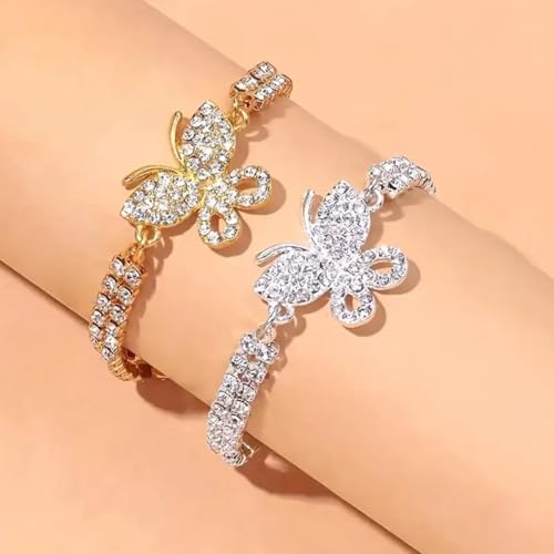 Gold Ankle Bracelets For Women Rhinestone Pendant Butterfly Tennis Anklet Bracelets Summer Foot Chain Jewelry - color: GoldB