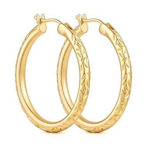 Gold Hoop Earrings 14K Gold Earrings for Women 14K Gold Hoop Earring for Women Leaf-Inspired Engraved Texture Hoops Earring for Womens Hoops 25/30MM - size: 25MM
