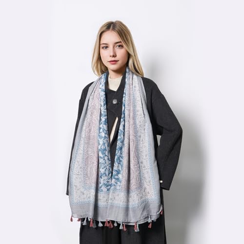 QIUTIMIY Scarf for Women Lightweight Soft Floral Leopard Printed Scarves Fall Winter Fashion Shawl Wrap with Fringe - color: Flower-blue Green