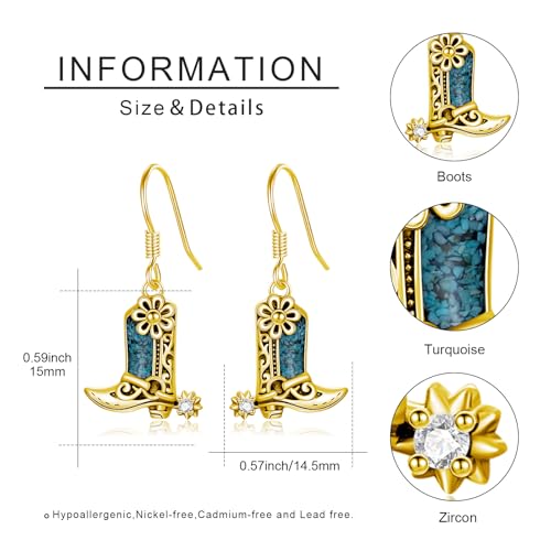 Western Earrings for Women 925 Sterling Silver Turquoise Western Country Dangle Drop Earrings Country Jewelry Gifts for Cowgirl Cowboy - style: Cowboy Boot-A Gold