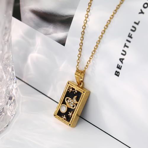 Gold Tarot Card Necklace for Women Men, Non Tarnish 18K Gold Plated Vintage Lucky Charm Square Pendant Talisman Amulet Necklaces Unisex Jewelry - style: The World