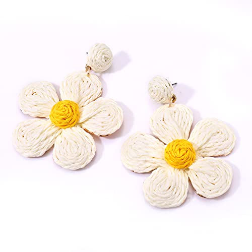 Rattan Earrings for Women Statement Boho Raffia Straw Wrapped Flower Drop Dangle Earrings Summer Tropical Beach Jewelry - color: Beige