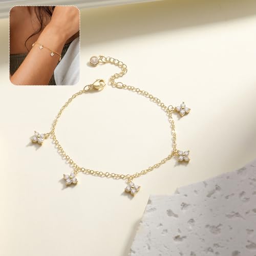Dainty Silver Gold Bracelets for Women Trendy Non Tarnish 14K Gold Plated Cute Clover Bracelet Stackable Daisy Cubic Zirconia Diamond Charm Bracelet Stack Waterproof Jewelry Gifts - color: D- Charm Bracelet- Gold