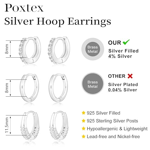 Poxtex Small Sterling Silver Huggie Hoop Earrings Set for Women, Hypoallergenic 14K Gold Plated Hoops Stacks for Multiple Piercings, Dainty Cute Mini Lightweight Cartilage Studs Trendy Jewelry Gift - color: Silver-Chunky CZ