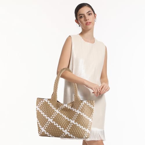 Woven Tote Bag Womens Purse Vegan Leather Shoulder Handbags Fashion Summer Beach Tote Bags Large Travel Totes - color: Apricot-w