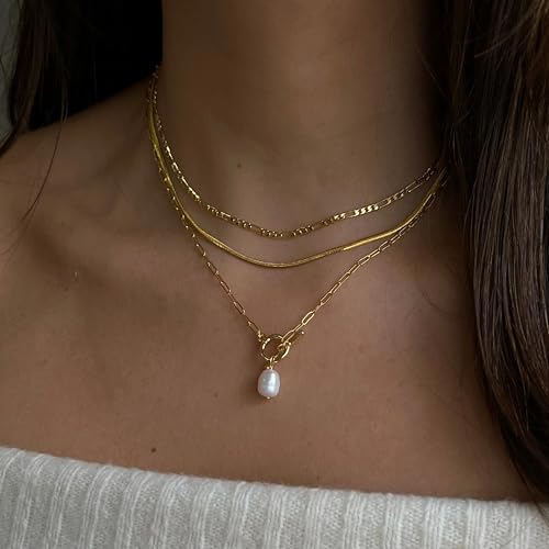 Layered Gold Necklaces for Women, Dainty 14K Gold Plated Cute Pearl Pendant Necklace Jewelry Set Stackable Toggle Chain Choker Collar, Trendy Waterproof Non Tarnish Jewelry Gift - style: Necklace 01-GD
