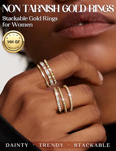 FIBO STEEL Gold Rings for Women Non Tarnish Dainty Stackable Ring Set Hypoallergenic Cubic Zirconia Wedding Band Promise Bands for Her Women's Jewelry Size 5-10 - color: Gold Filled