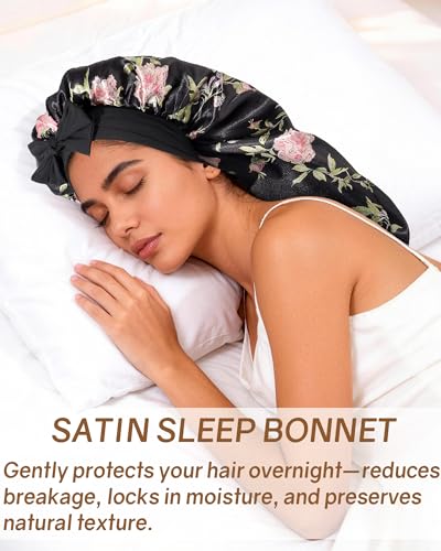 AWAYTR Long Satin Bonnet for Braids - Elastic Silk Hair Bonnets for Sleeping Night Cap Stretchy Tie Band for Women(Wild Rose) - color: Wild Rose