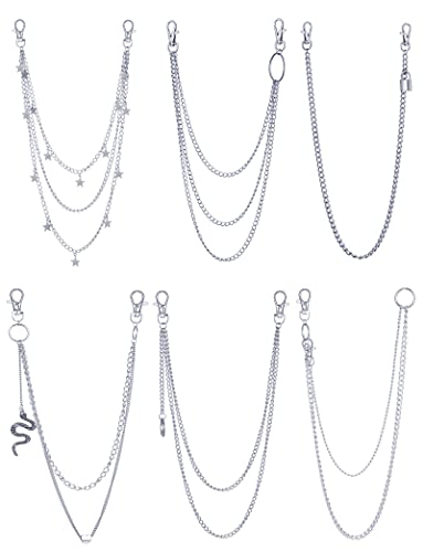 6 Pieces Pants Chains Multi-Layer Butterfly Lock Round Star Snak Heart Jeans Chains Accessory Hip Hop Pocket Punk Goth Wallet Chain Charm Rock Belt Loop Trousers Chain for Women Men Silver - style: B: 6Pcs(Snake)