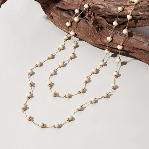 KissYan Long Necklaces for Women, 14K Gold Plated Beaded Gemstone Turquoise Boho Layered Choker, Natural Stone Handmade Sweater Fashion Jewelry Gifts - style: White Fossil Stone