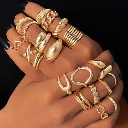 KISS WIFE Stackable Rings for Women Gold Silver Chunky Statement Ring Set, Boho Vintage Knuckle Rings, Mixed Size Fashion Rings, Gold Plated Alloy Stackable Jewelry Gift