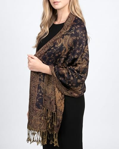 Achillea Reversible Paisley Pashmina Rave Scarf – Exotic Indian Shawls and Wraps for Evening Dresses, Festivals, All Seasons - color: Navy