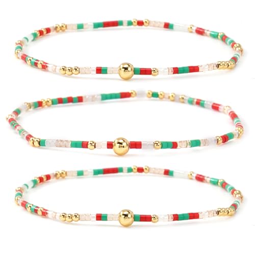 Colorful Beaded Bracelet Stack for Women,3PCS Handmade Bohemian Gold Plated Ball Stretch Stackable Bracelets Set Fashion Jewelry Gift Friendship - color: Christmas