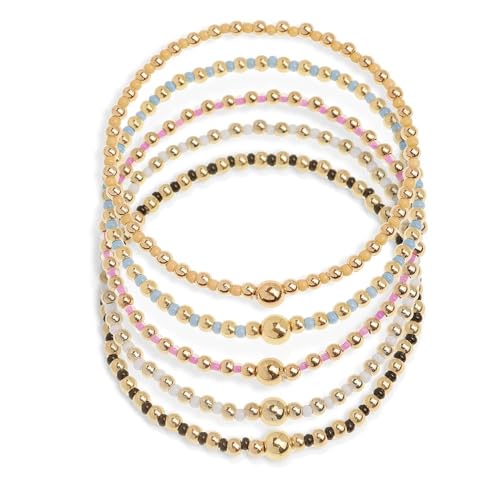 Gold Beaded Stackable Friendship Bracelets Set for Women, Handmade Boho Stretch Summer Jewelry Gift. - color: 0903N