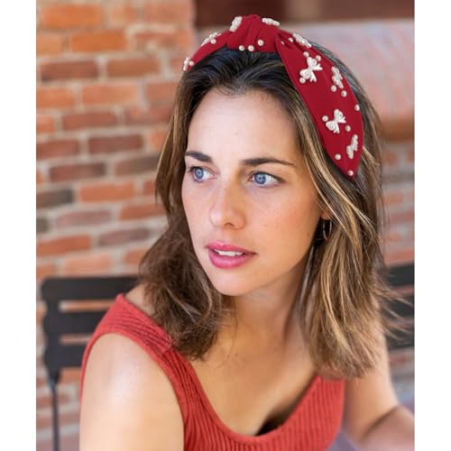 Red Headband Bow Pearl Knotted Headbands for Women Girls Cute Fashion Wide Headbands for Women Non Slip Hairbands Head Bands for Women's Hair Bow Hair Accessories - color: Red