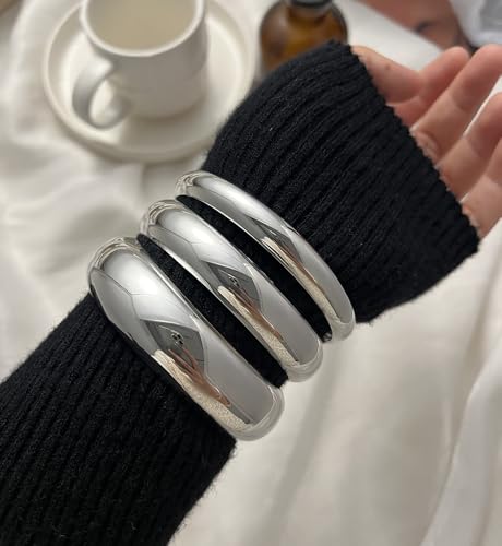 Chunky Gold Bangle Bracelets for Women, Dainty 14k Gold Plated Big Stackable Bangles Set, Trendy Cuff Bracelet Stack Fashion Jewelry Gifts - style: Silver chunky bangle