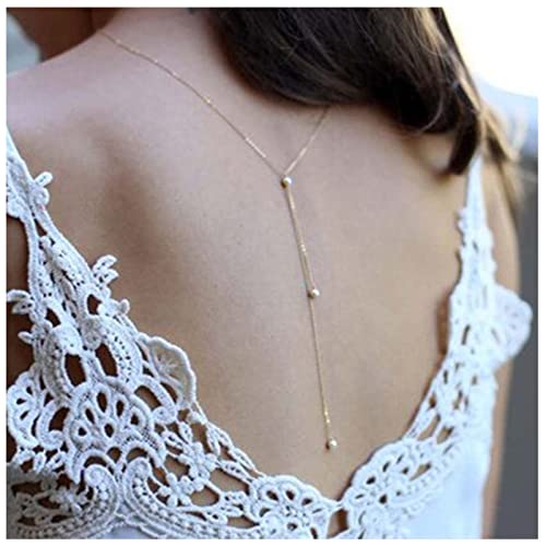 Boho Pearl Back Chain Necklace Gold Layered Backdrop Necklace Body Chain Pearl Bridal Back Drop Chain Summer Beach Body Jewelry for Women Gifts (Gold) - color: Gold
