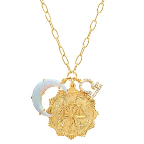 Dainty Gold Zodiac Embossed Coin Opal Crescent Moon Charm Necklace for Women Trendy 18K Gold Plated Retro Paperclip Chain 12 Constellation Horoscope Necklaces Astrology Jewelry Gifts - style: 7.LIBRA (SEP 23-OCT 22)