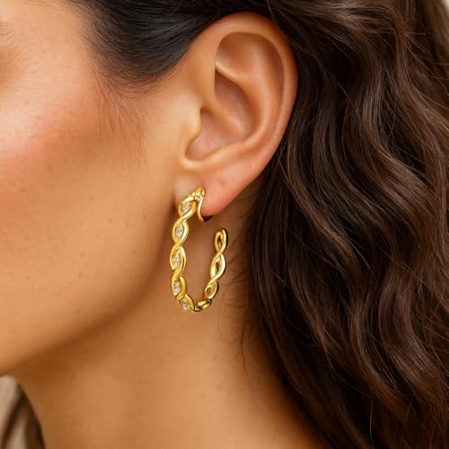 Clip On Hoop Earrings for Women,Cubic Zirconia CZ Gold Silver Plated Twisted Drop Clip On Earings for Non Pierced Ears Lightweight Jewelry Gifts - color: Gold