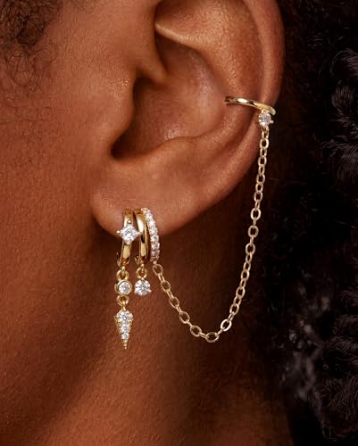 Triple Huggie Stacked Earrings for Women Gold Chain Drop Dangle Earrings Cute Statement CZ Earrings Trendy Dainty Jewelry Gift - color: Gold 10