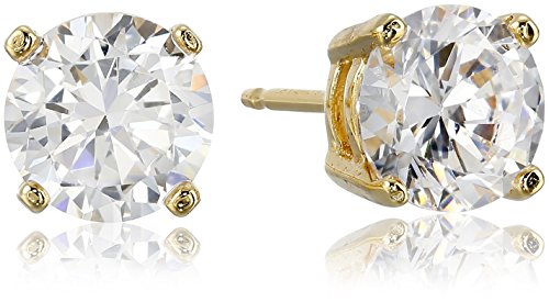 Amazon Essentials Plated Sterling Silver Cubic Zirconia Stud Earrings (Round & Princess) - color: White/Yellow Gold, size: 6.5 mm, style: Round Cut