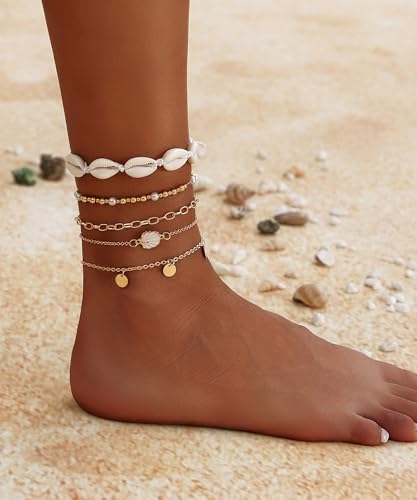 Shell Ankle Bracelets Set for Women Boho Bead Anklets Hawaiian Summer Beach Seashell Pearl Disc Puka Cowrie Conch Foot Chain Jewelry Gifts Gold Tone Adjustable - style: Disc