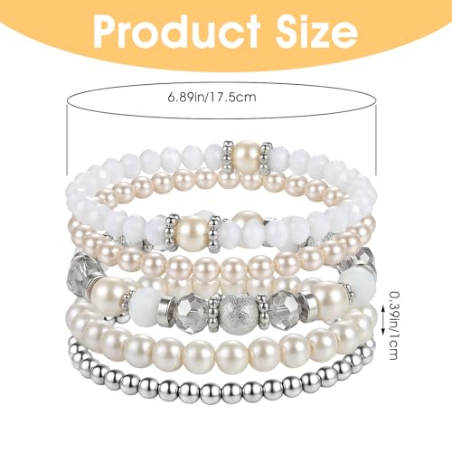 5PCS Beaded Stretch Bracelet Stackable Stylish Beaded Bracelets for Women Crystal Bead Boho Stretch Layering Stone Bracelets Trendy Costume Jewelry Gift Multilayered Disco Ball Faceted Bracelet - color: White, Silver