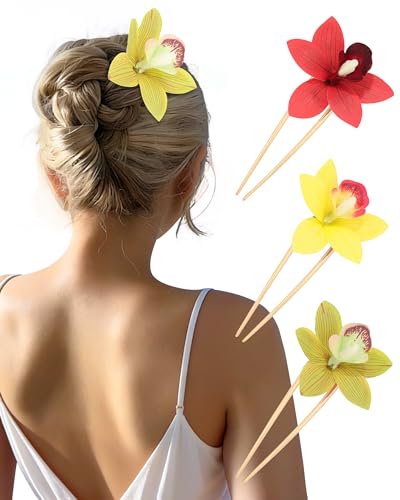 WELROG 3 Pack Hawaiian Orchid Flower Hair Pins,Metal Hair Sticks for Beach Vacation,Non-Slip Fork for Thick Hair Updo - color: Red+Yellow+Green