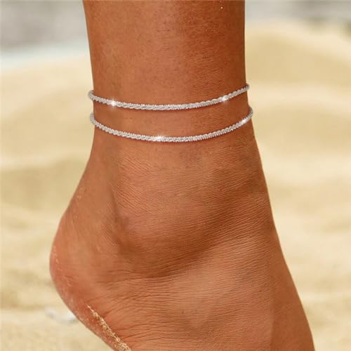 MIDEEO Gold/Silver Ankle Bracelets for Women,14K Gold Anklets for Women Waterproof Cuban Link Heart Beads Herringbone Rhinestone Anklets Set Layered Anklet Bracelets for Women Gold Jewelry Gift - style: 2 Layers Anklet E-Sliver