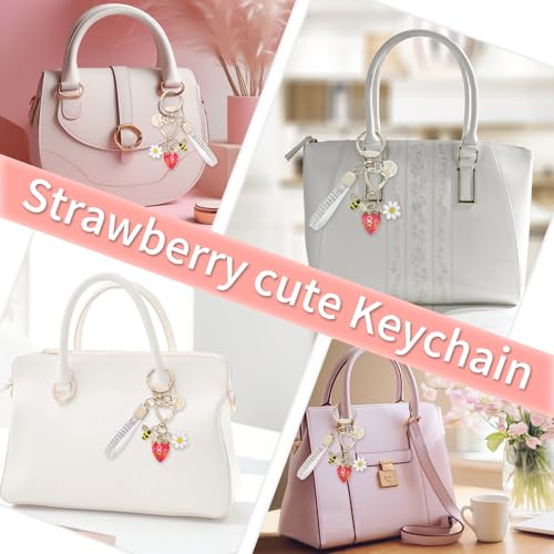 Keychain for Women Girls Bling Heart/Star/Strawberry Key Chain Accessories for Key/Backpack Bag Charm - color: Red Strawberry