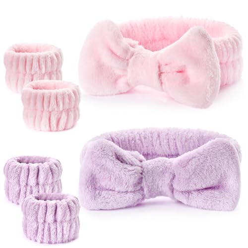 Dorbetar 6Pack Headband and Wristband Set for Washing Face, Spa Skincare Makeup Headband, Soft Puffy Hair Band Bow Tie, for Women and Teen Girl Trendy Stuff Gifts - color: Pink+purple
