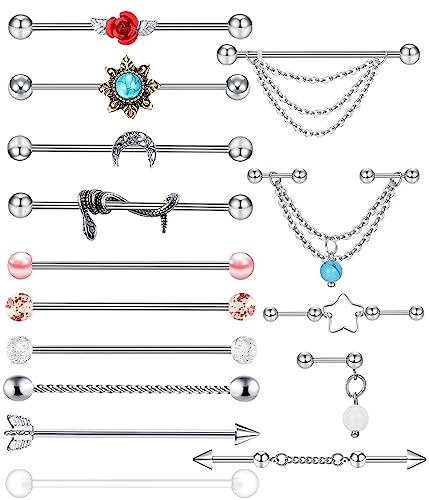 Suotarn 14G Industrial Piercing Jewelry For Women Men Stainless Steel 38 Industrial Barbell Long Cartilage Helix Conch Earrings Stud 14G Gauges Industrial Jewelry Butterfly Heart Cool 7-18pcs - color: mix color 15pcs