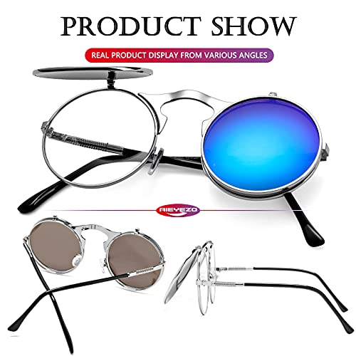 AIEYEZO Round Flip Up Sunglasses for Men and Women Rave Flip Glasses 90's Retro Steampunk Style - color: Silver/Ice Blue Mirror