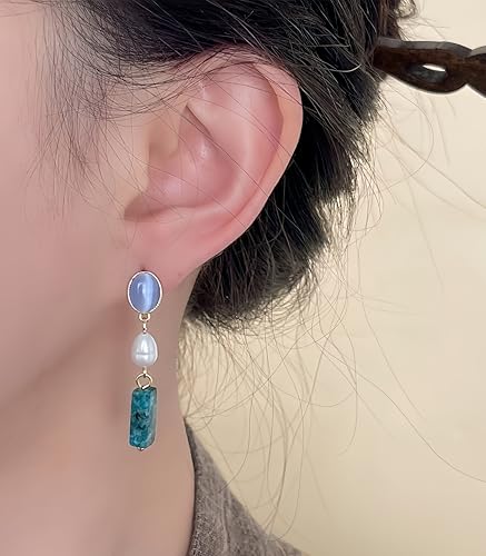 Boho Earrings for Women Natural Stone Beaded Handmade Vintage Dangle Earrings Bohemian Lightweight Hypoallergenic Jewelry for Dailywear Festival Occasions - color: Opal & pearl