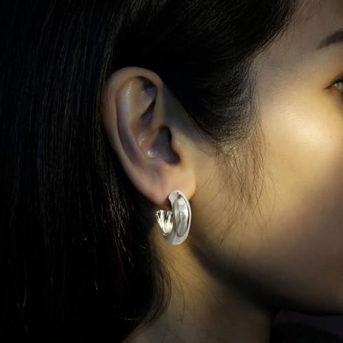 RENAIZ Bold Statement Hoop & Stud Earrings for Women – 14K Gold & Rhodium Plated Maximalist Jewelry, Chunky Geometric Boho Earrings, Hypoallergenic Non-Tarnish Trendy Gift - color: White Gold, style: Thick Cylinder