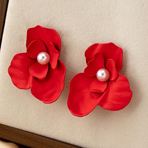 Chunky Large Gold Flower Stud Earring for Women Statement, Boho Big Red Irregular Floral Pearl Earrings Trendy Y2K Prom Party Jewelry Accessories Gift - color: Red